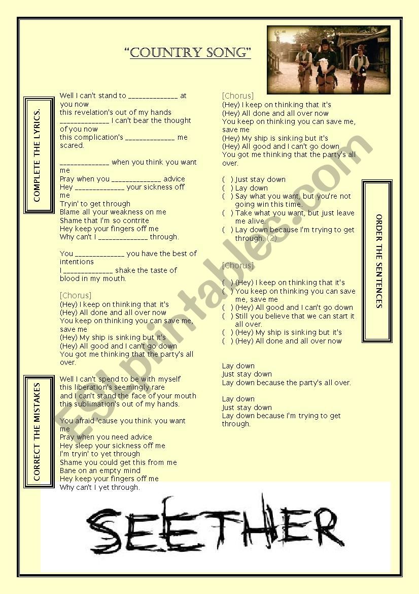 Country Song [Seether]  worksheet